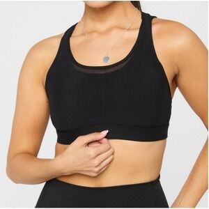 Fabletics Principal High Impact Sports Bra Black XS Strappy Mesh Yoga Gym Chic